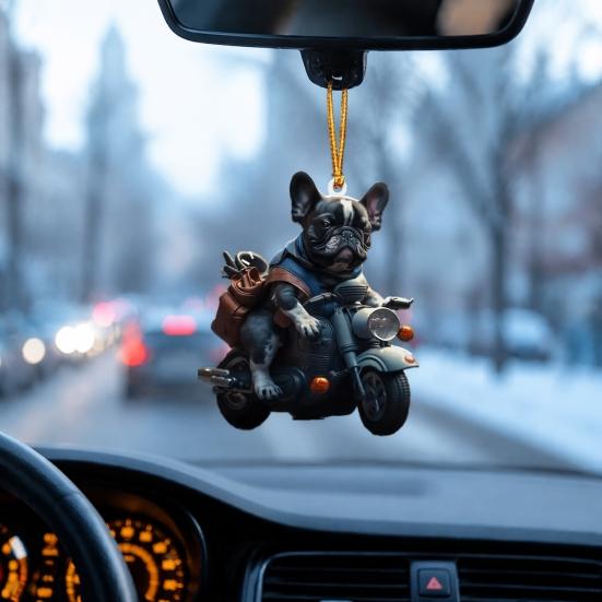 Unique Xmas Window Ornament Puppy Riding Motorcycle Car Pendant, 2D Flat Acrylic Rearview Fun Holiday Accessories Mirror Hanging Charm, Christmas