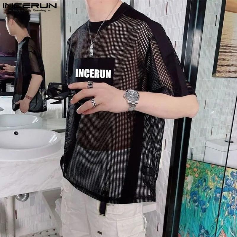 INCERUN Men O Neck Short Sleeve Letter Print Fishnet Mesh Sheer T-Shirts Tops