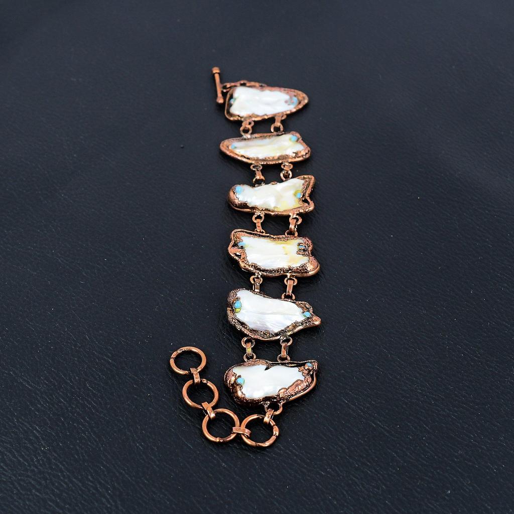 Blistar Biwa Pearl Bracelet, Copper Electroformed Gemstone Jewelry, Handmade Bracelet For Mother Day
