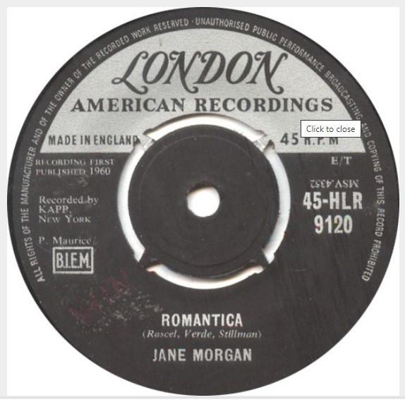

7inch Record JANE MORGAN - Romantica 45HLR9120 London Records 1960 UK Pop Used
