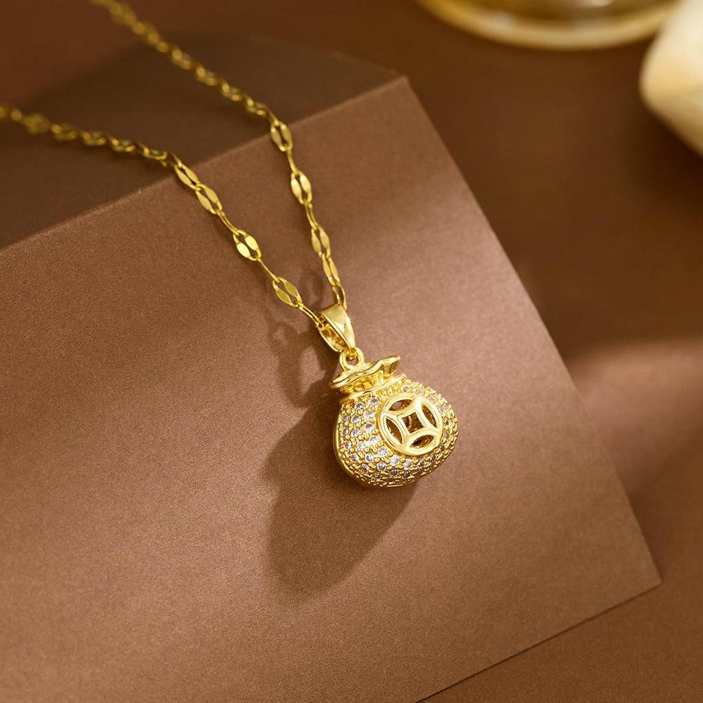 18 Karat Gold Glücksgeldbeutel Halskette für Damen - Luxuriöser Anhänger an einfacher Schlüsselbein-Kette