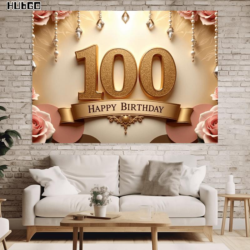 A dazzling 100th birthday banner background cloth, elegant golden design, birthday celebration event