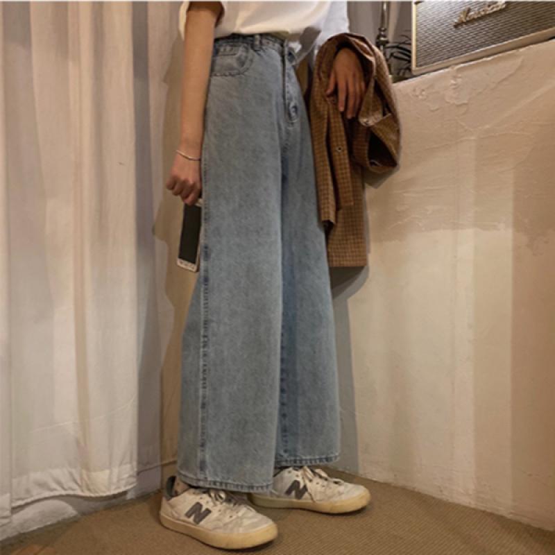 Women s High-Waisted Korean Style Loose Straight-Leg Jeans M синий