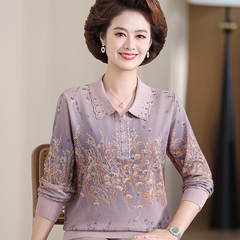 Women's Autumn Knitted Printed Lapel T-Shirt - Long-Sleeved, Loose, Fashionable, Versatile for Middle-Aged and Elderly