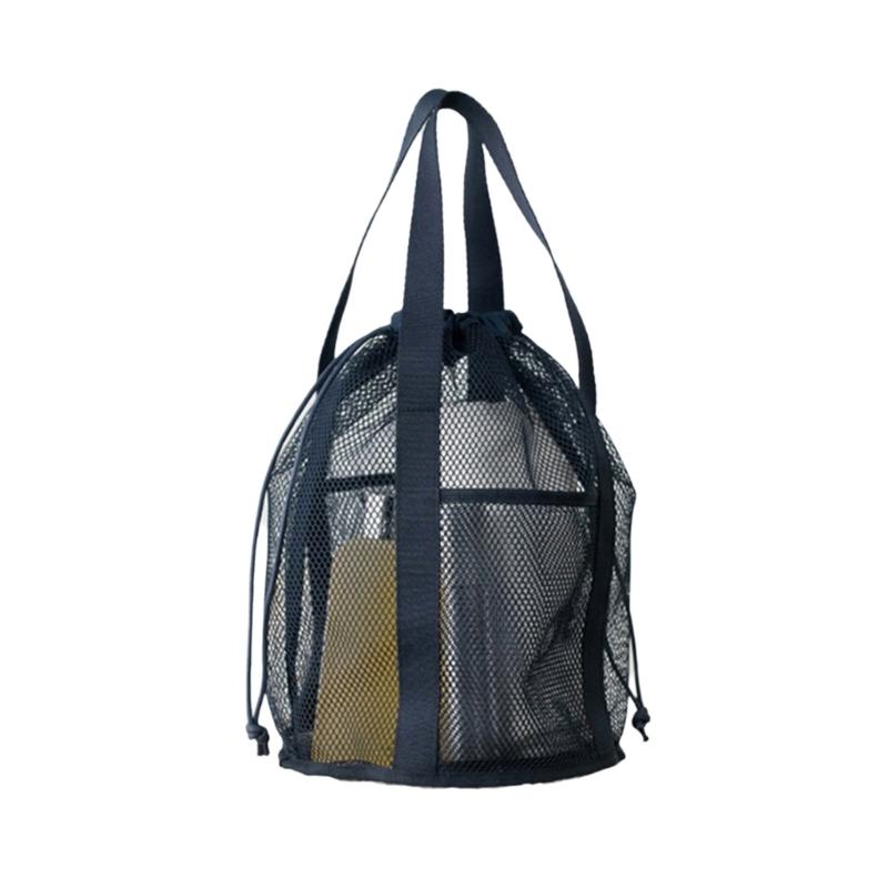 Travel Mesh Cosmetic Bag Large Capacity Washing Bag Handbag with Drawstring Foldable Casual Beach Bag with 2 Pockets темно-синий