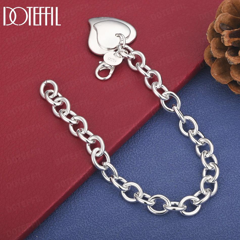 

925 Sterling Silver Double Heart Pendant Bracelet Fashion Wedding Jewelry 20cm