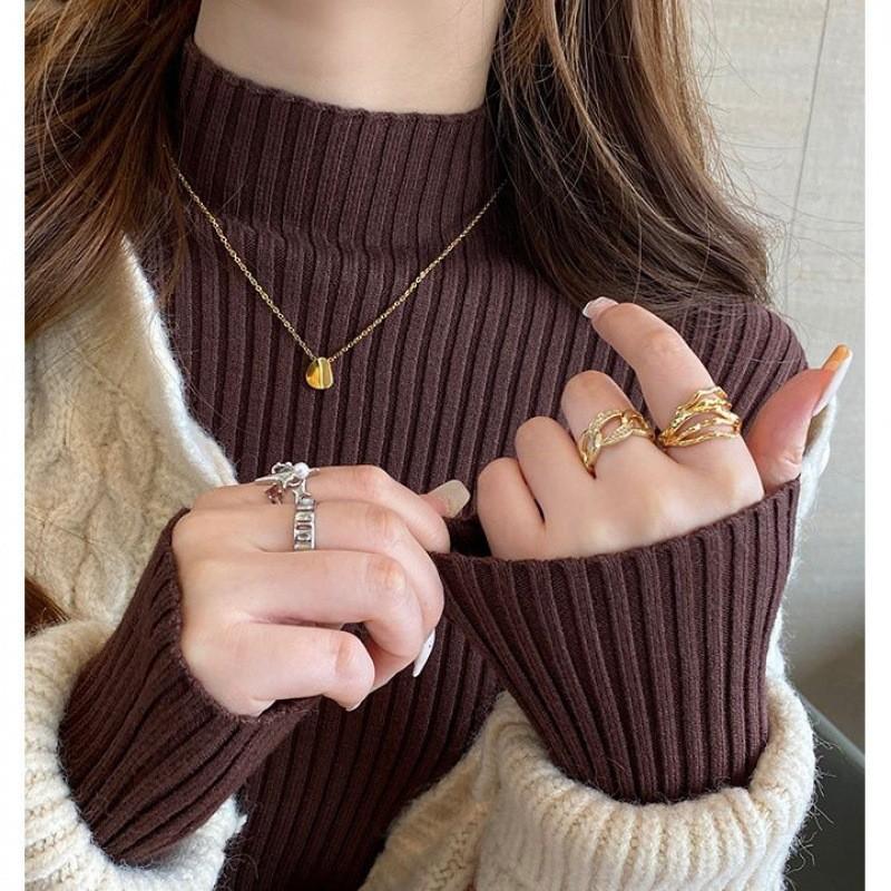 Womens Knit Sweater With Stand Collar And Spliced Design For Elegant Office Wear