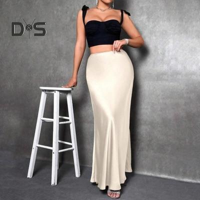 Damen-Fischschwanzrock, hohe Taille, einfarbig, glatte Oberfläche, A-Linie, Maxirock für Arbeit, Freizeit, Alltag