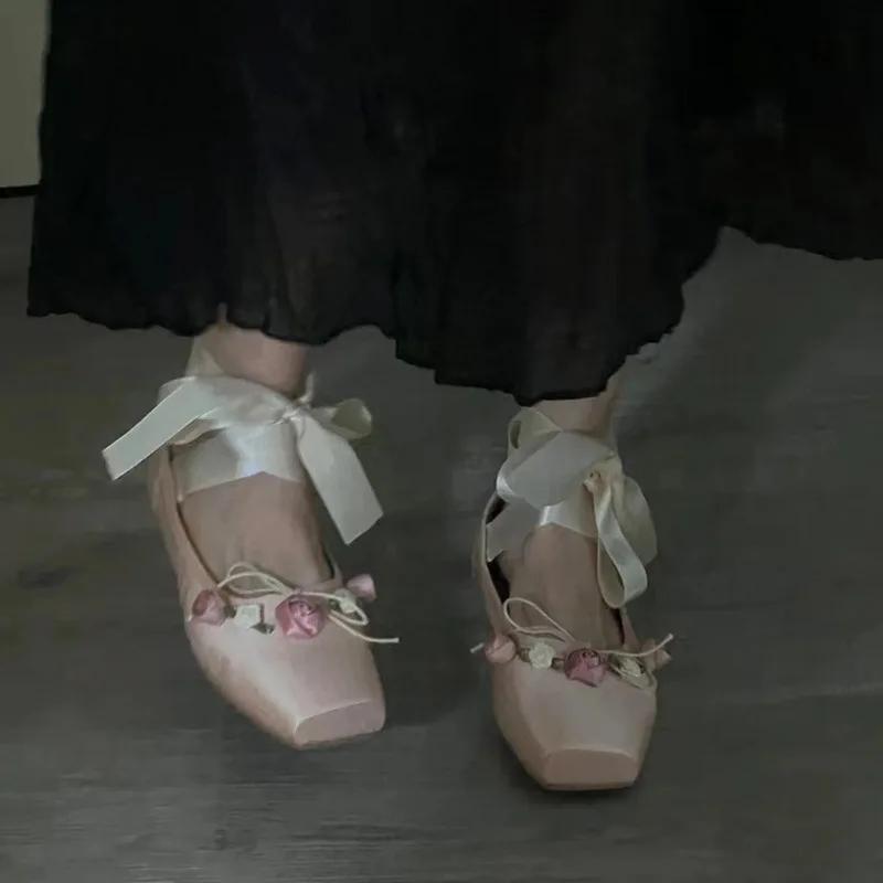 Fashion 2025 NEW Classic Silk Ballet Shoes Ribbon Lace Up Ballet Shoes Women Square Toe Rose Flower Elegant Valentine Flats Pink Apricot