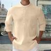 Men's Linen 3/4-Sleeve Shirt - Buttoned Stand Collar Pocket Loose-Fit Casual Top