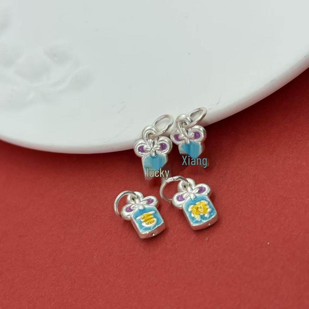 Sterling Silver 999 Enamel Lucky Charm Bead Pendant for DIY Jewelry