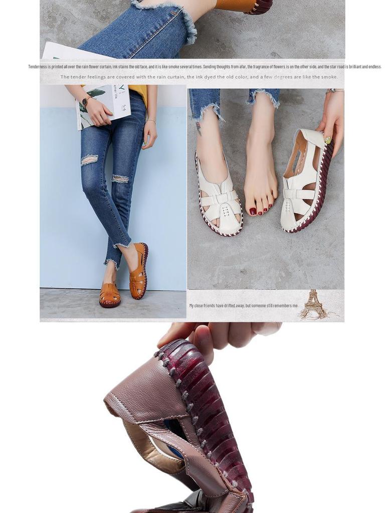 Damensandalen aus echtem Leder mit geschlossener Spitze – bequeme, rutschfeste Ballerinas für Mütter mittleren Alters und ältere Mütter, Sommerstil