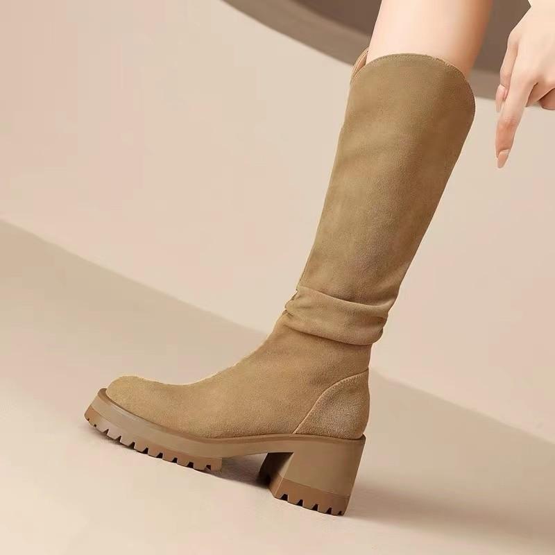 Show leg thin~ knight boots women's autumn and winter 2025 new pleated stack sleeve high boots European and American leather cowboy boots