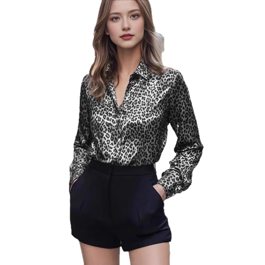 2025 Frühling Herbst Damen Leopardenmuster Bluse, Stretch-Satinhemd mit Button-Down-Design, Lässiges Locker sitzendes Oberteil für den täglichen Gebrauch