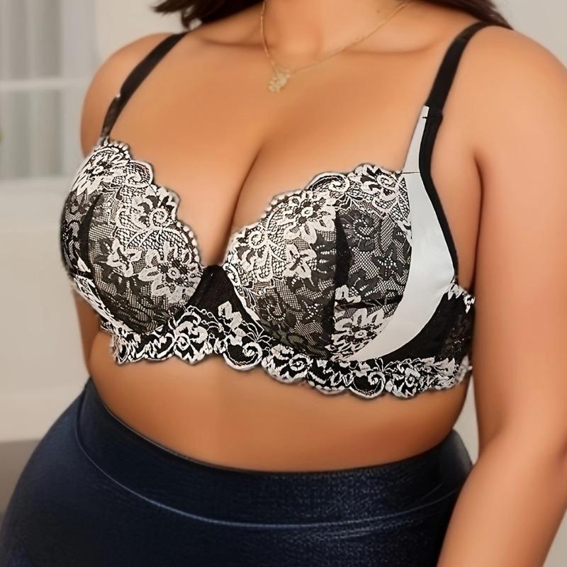 Elegantní podprsenka velké velikosti, dámská kontrastní krajka se zapínáním vpředu s vroubkovaným lemem Bralette