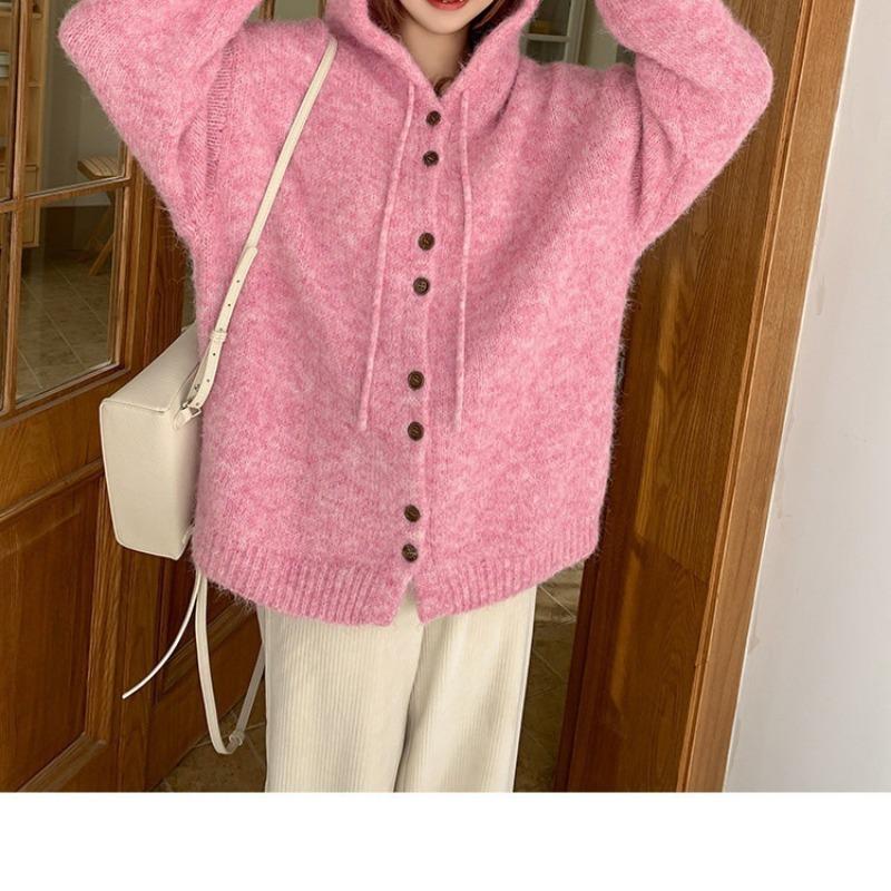 Autumn and Winter New Solid Color Hooded Knitted Cardigan Women's Soft Waxy Loose Lazy Versatile Sweater Jacket