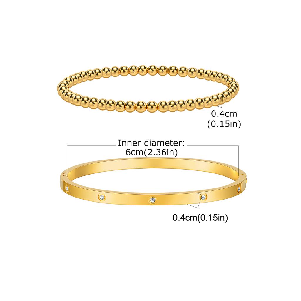 Fashion Stackable Stainless Steel Beads Bracelet for Women, Cubic Zircon Gold Plated Bangle, Waterproof Light Luxury Jewelry