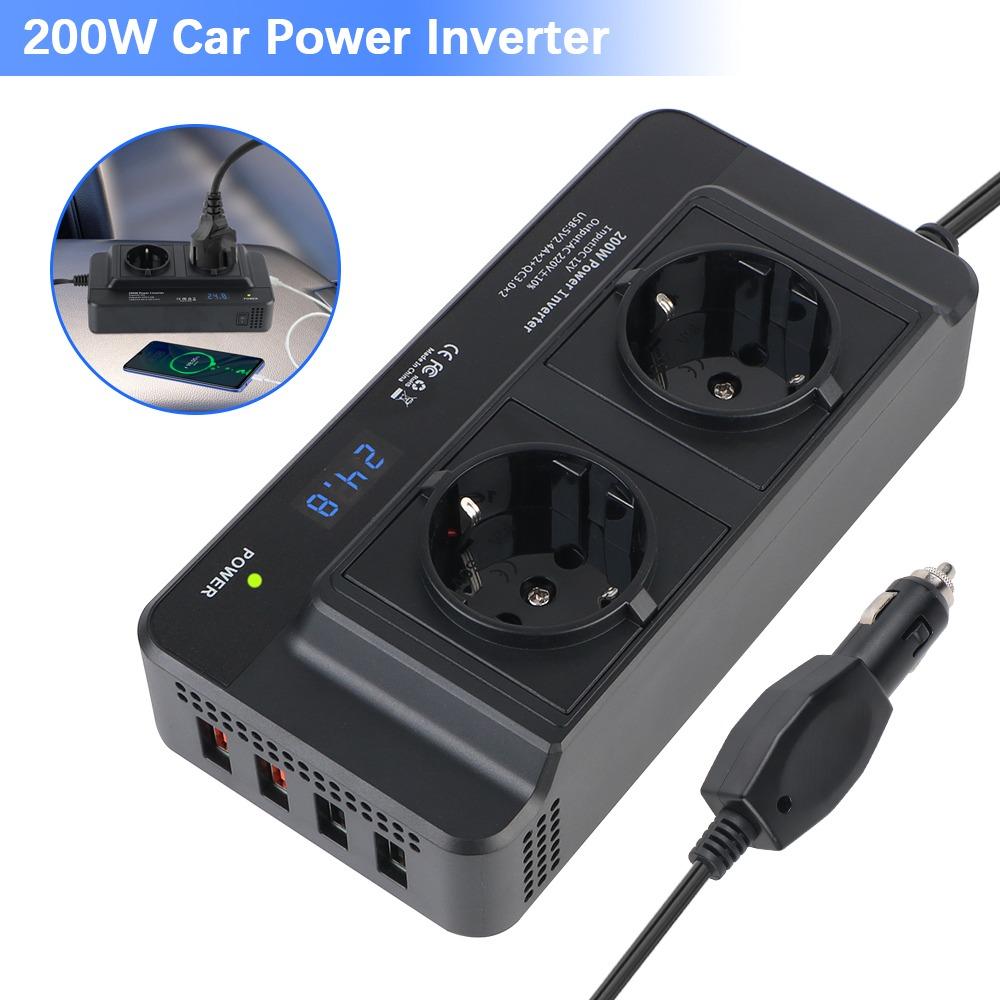 200W Peak Power Car Inverter 12V to 220V DC to AC with 4 USB Ports Cigarette Lighter Auto Mounted AC EU Socket