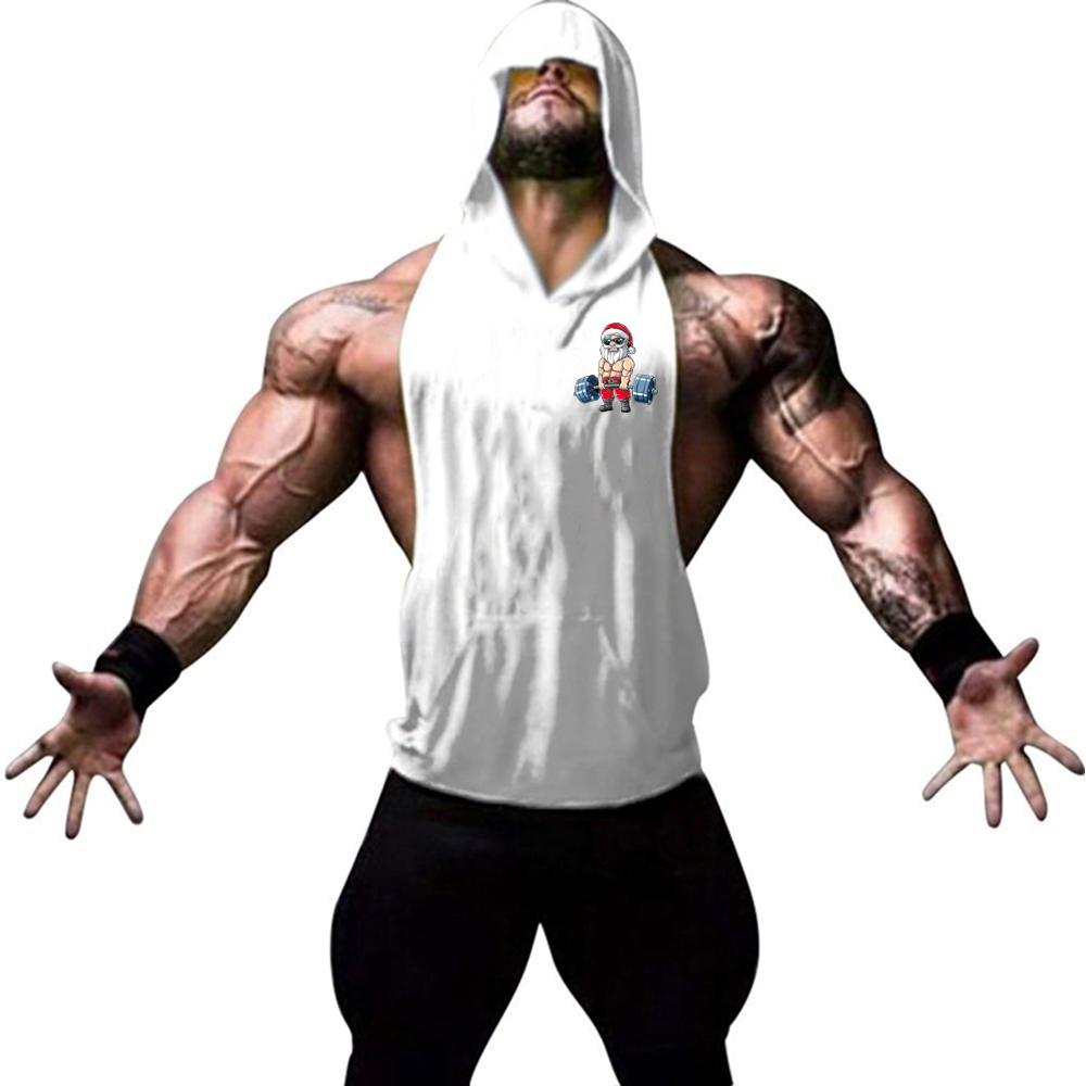 Men's fashion trend personalized gym fitness and leisure sleeveless Santa Claus print pattern hooded vest sports running vest