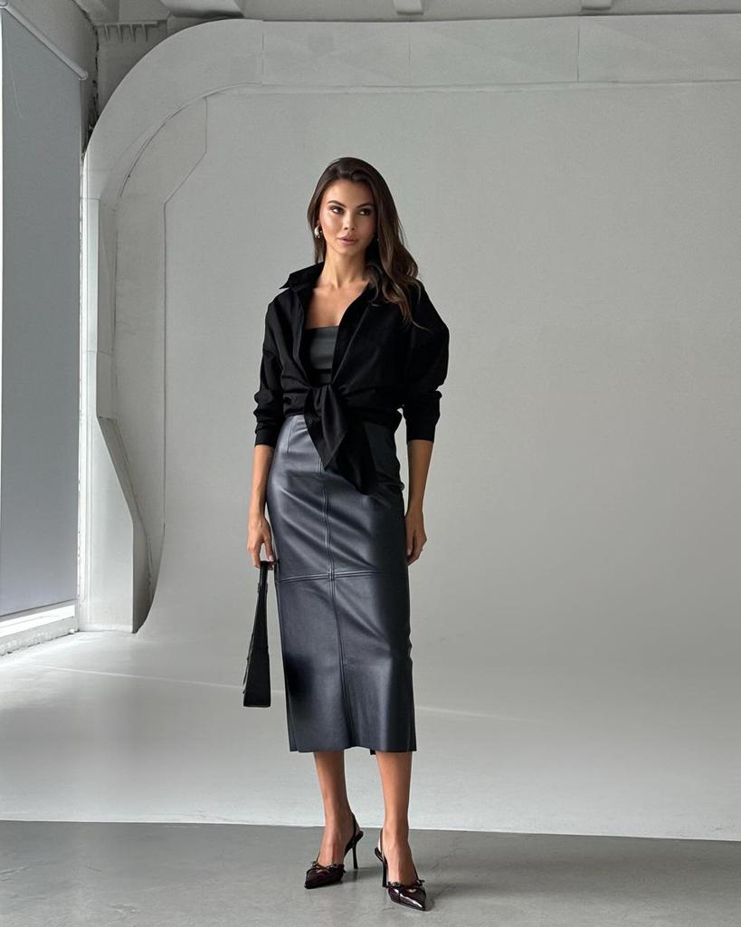 2024 Zimní dámská sukně midi bodycon z PU kůže s vysokým pasem a rozparkem