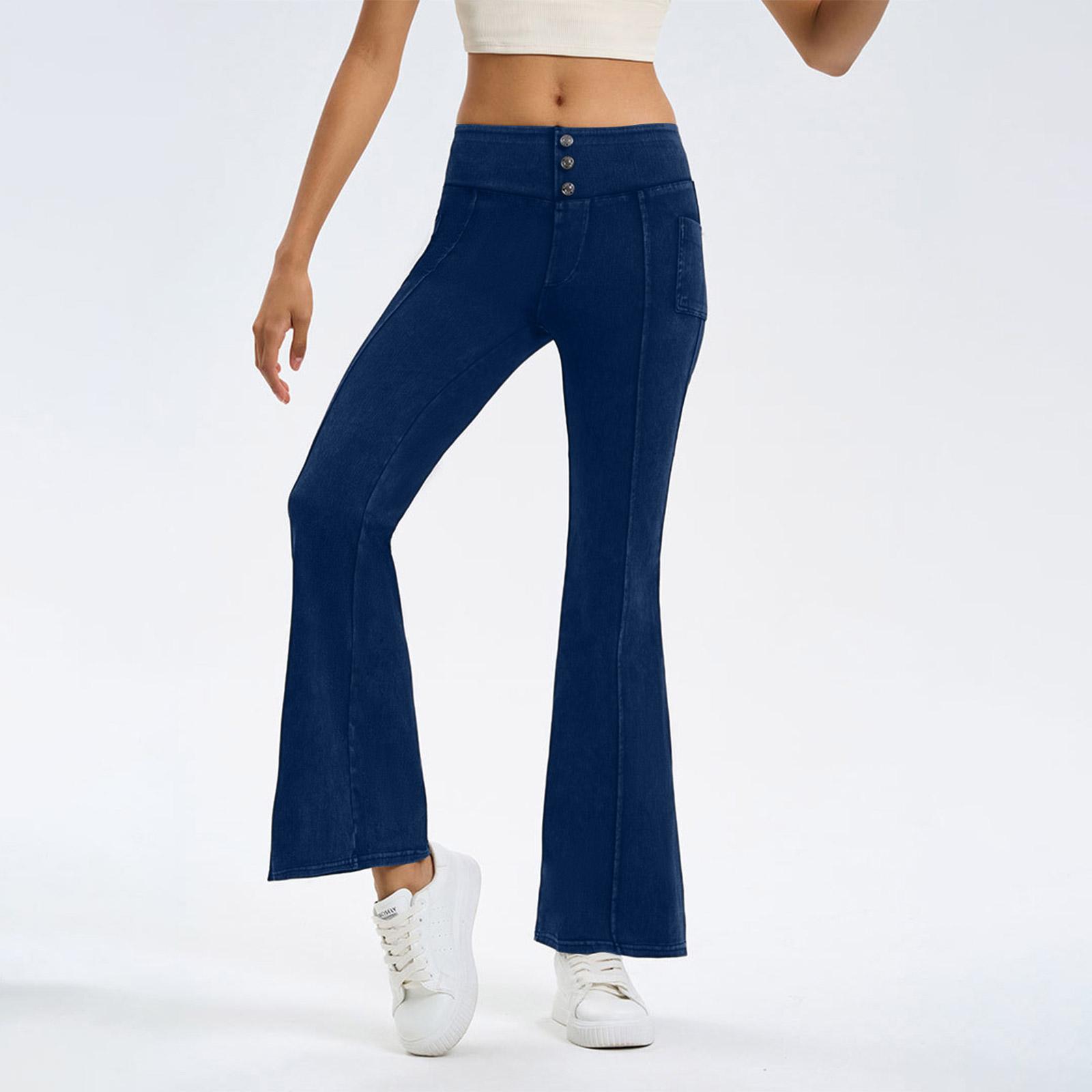 

Женские джинсовые расклешенные брюки для йоги Женские высокоэластичные с утягивающим животом и подтягивающие бедра карманы Спортивные фитнес повседневные брюки M