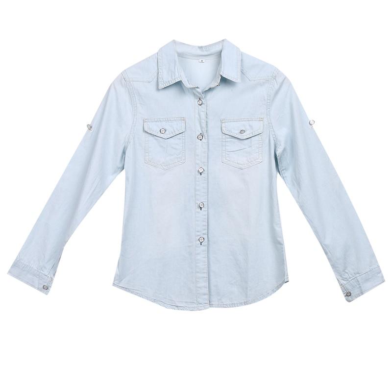 Sommermode Damen Lässige Langarm-Tops Weiches Jeans-Denim Langarmhemd Tops Bluse Jacken Femenino Camisas De Mujer