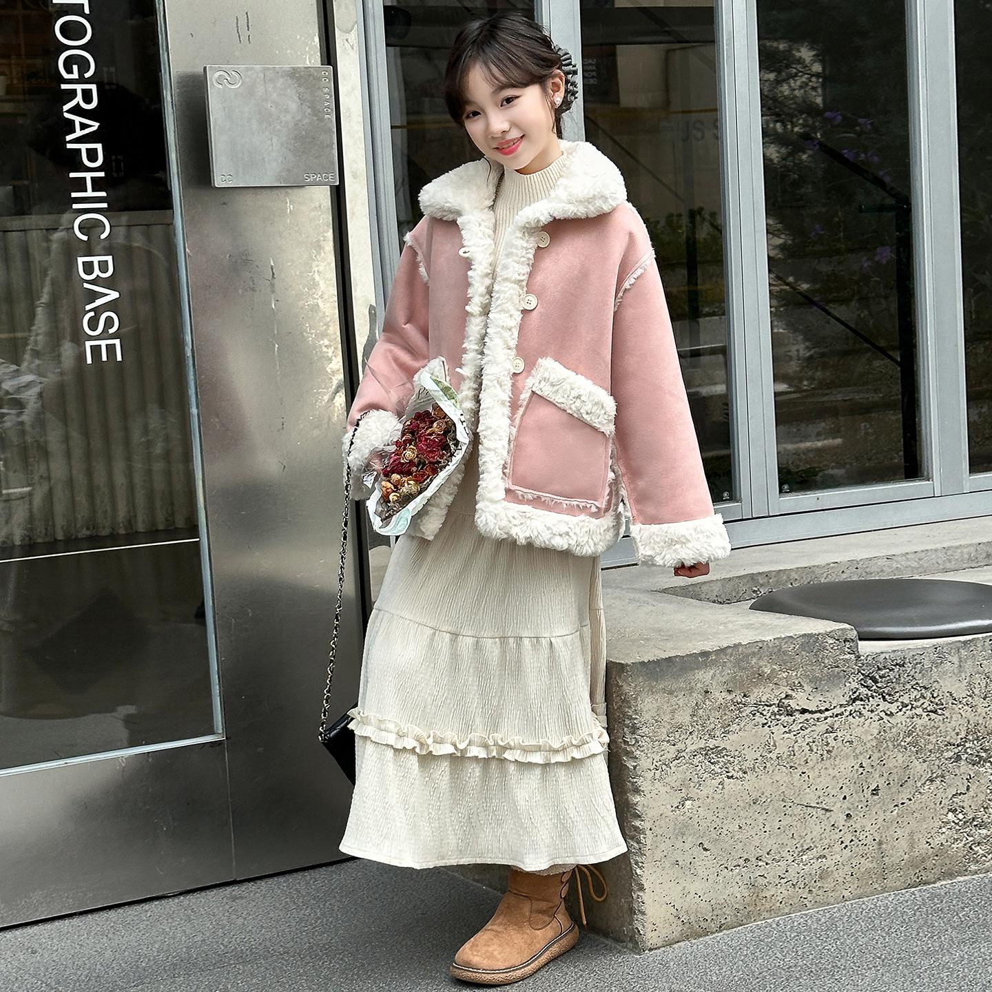

Girls Stylish Fuzzy Sweater Coat - Trendy Fall/Winter Korean-Inspired Fashion for Kids 150 cm розовый