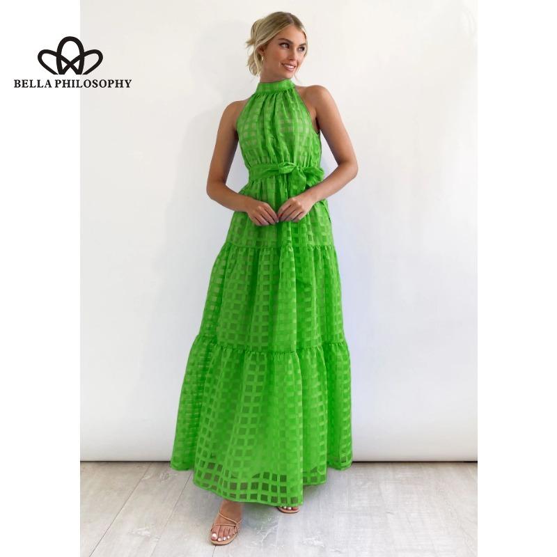 Evropská americká léto Nové pro volný čas Špičkové šaty bez rukávů v pase Velká houpačka Lehký vítr Plážové prázdninové šaty ke krku