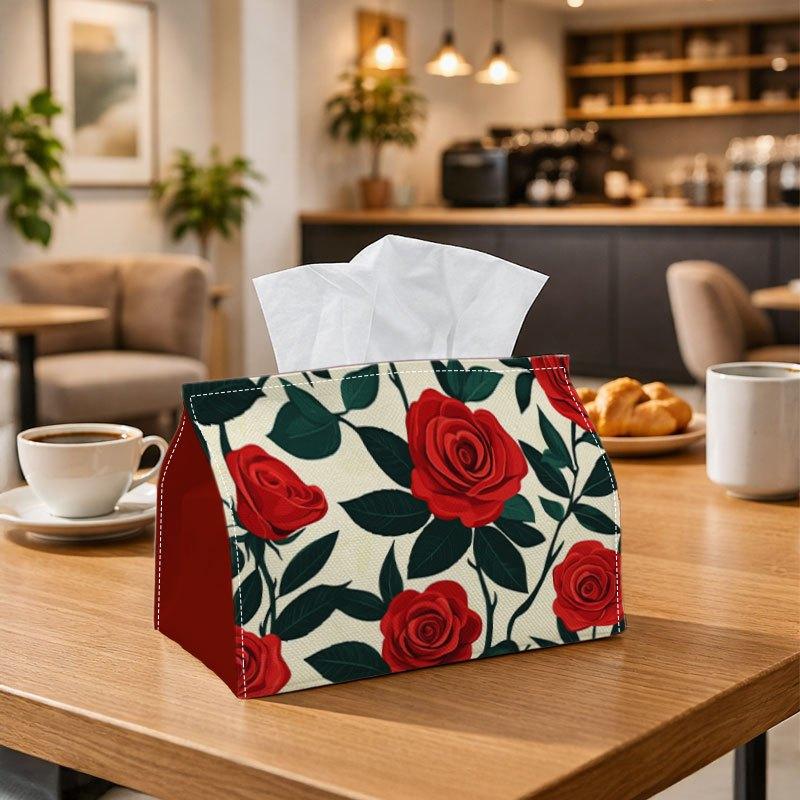 1pc Floral Retro Romantic Tissue Box Holder| Red Rose& Green Leaf Pattern, Elegant Fabric Dispenser with Reinforced Edges and Washable End, Polyester,