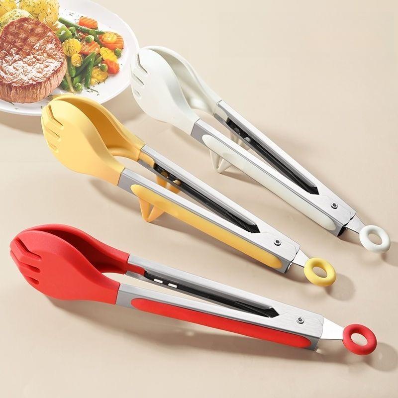 Vertical Foot Kitchen Food Tongs – Stainless Steel Heat Resistant Silicone Tips Round, Strong Comfort Grip,Non-Scratch Pan, for Cooking, BBQ, Salad