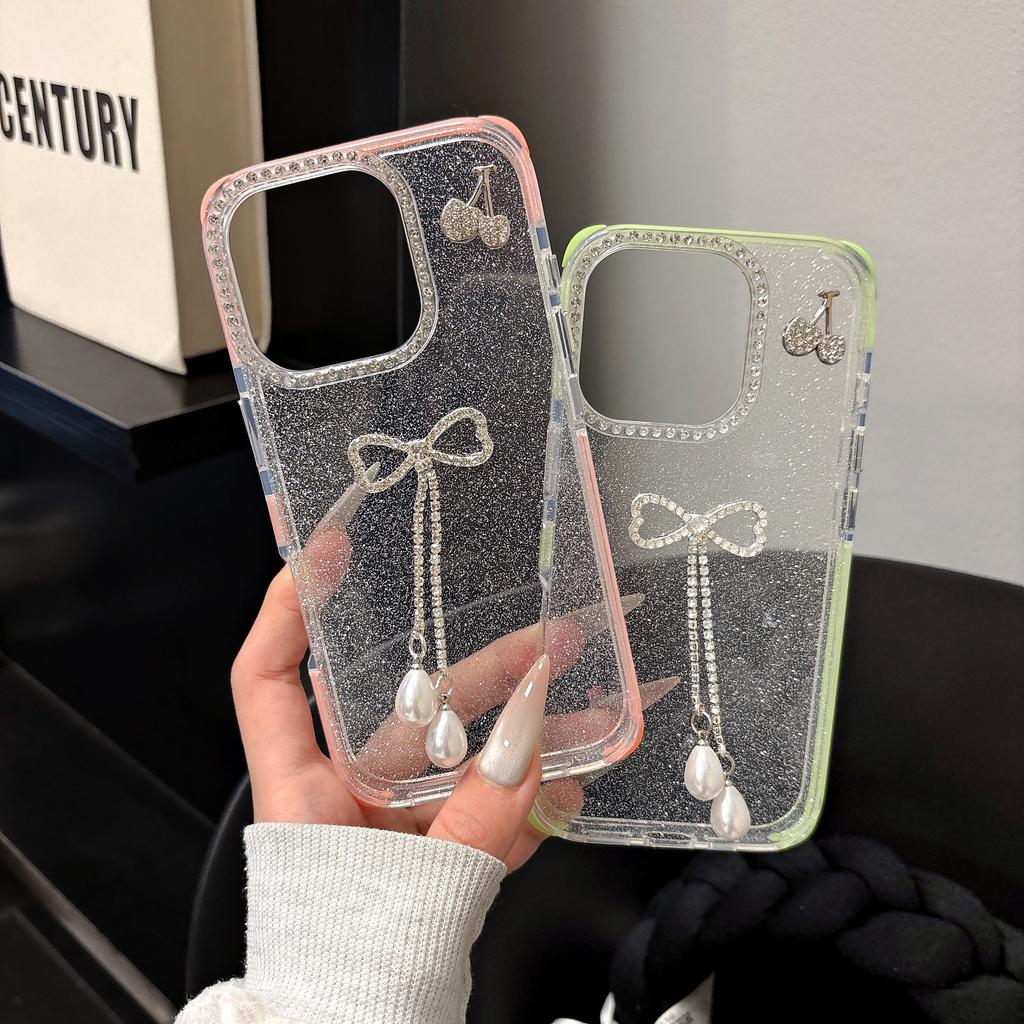For iPhone 16 Pro Max Case Rhinestone Decor Glitter TPU Phone Cover with Bow Tassel