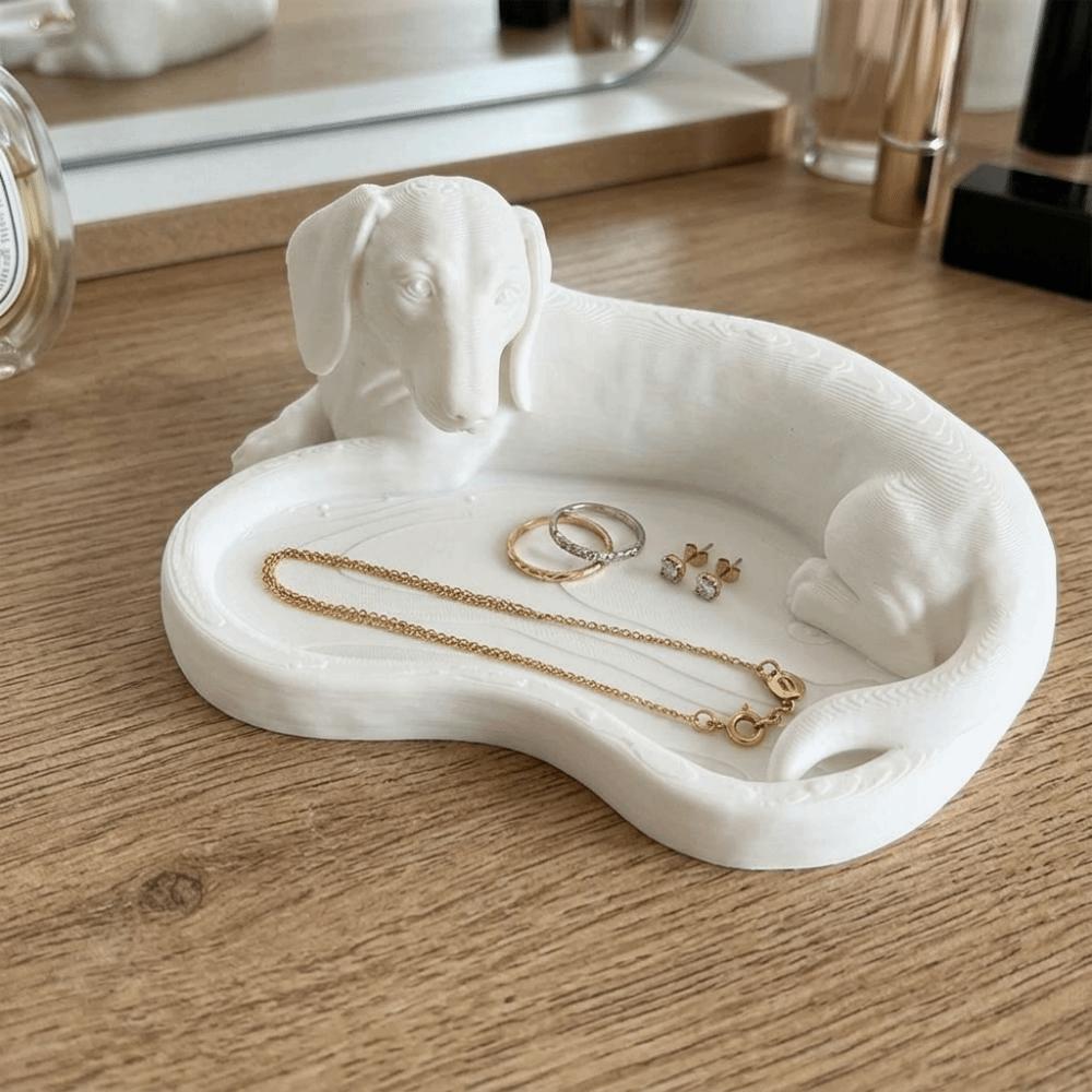 White Dachshund Storage Tray 3D Printed Key Coin Holder Jewelry Catchall Dish for Living Room