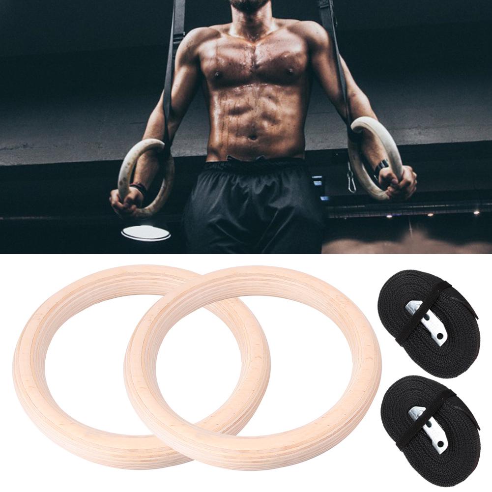 1 Pair Wooden Professional Gymnastic Rings Gym Fitness Strength Training with Polyester Straps