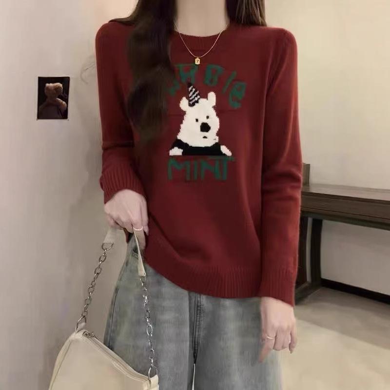 

Женский зимний свитер большого размера с круглым вырезом и принтом плюшевого мишки - Мягкий вязаный пуловер L (90-125 jin) малиновый