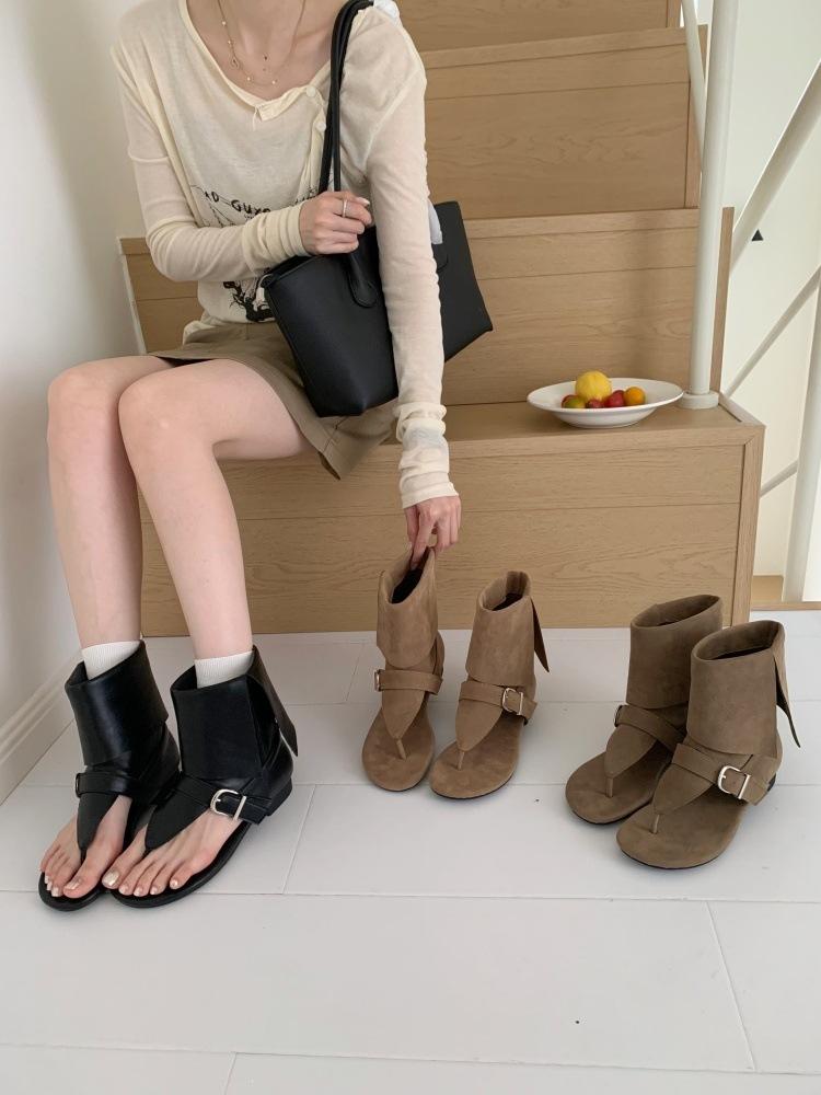 Vintage Suede Toe Roman Sandals Women'S Spring And Summer Spice Girls Cigarette Pipe Boots Herringbone Belt Buckle Flat Boots