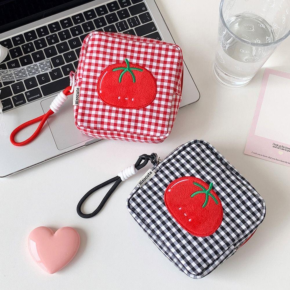 Tomato Plaid Small Makeup Bag Square Mini Organizer Bag  CCD Camera Sanitary Napkin Lipstick