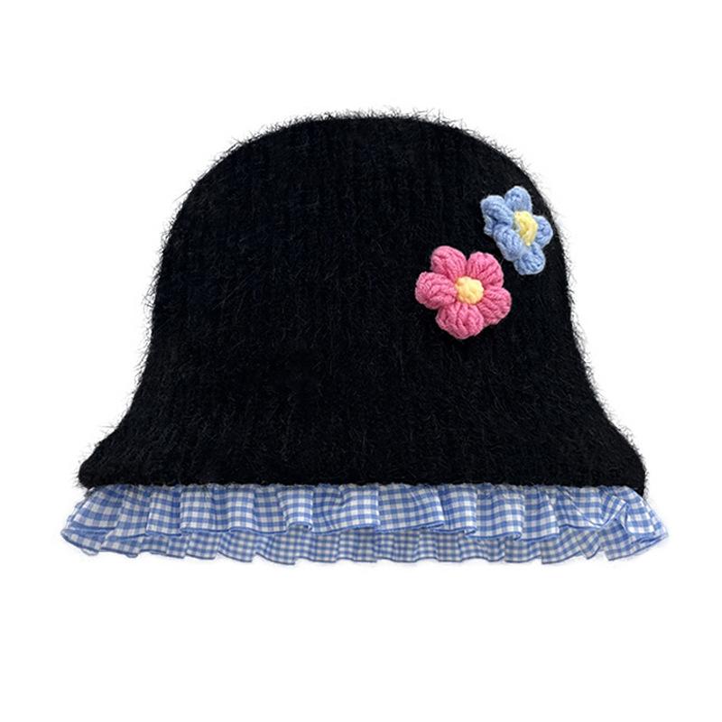 Sweet flower plush bucket hat women's autumn and winter warm versatile knitted hat showing face small wool hat tide