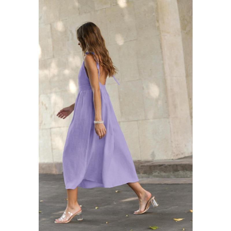 French Khaki Cotton Linen Breathable Halter High Waisted Dress Holiday Style Long Skirt Woman