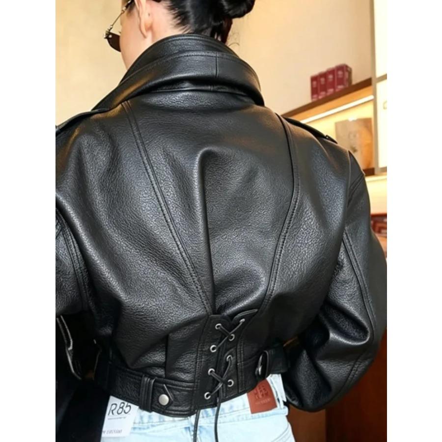 Women's Black Faux Leather Cropped Moto Jacket Asymmetric Zip Pu Biker Coat Female New Autumn Trendy New Vintage Punk Outerwear