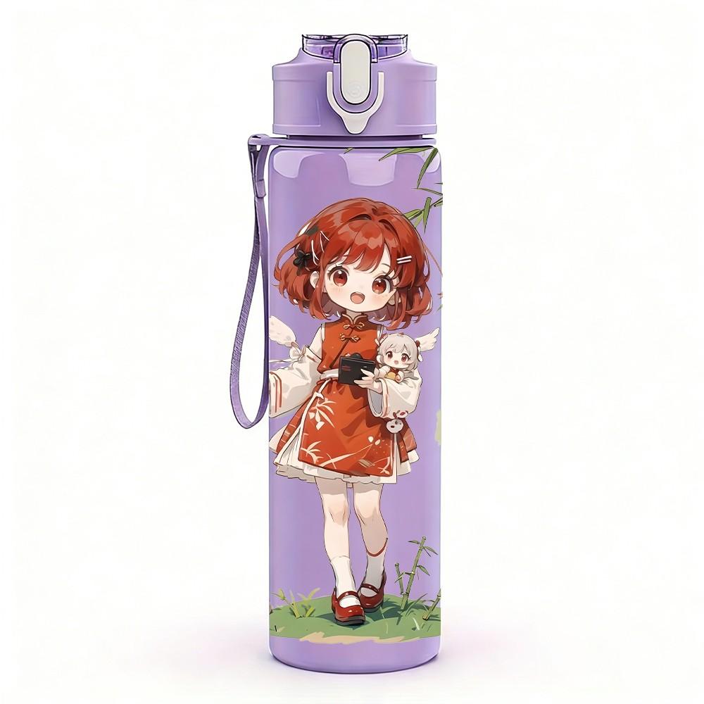 1PC Red Dress Girl Bamboo Plant Background Pattern 750ml Plastic Sports Water Bottle Leakproof Flip Straw Lid Suitable for Sports Office Home Use