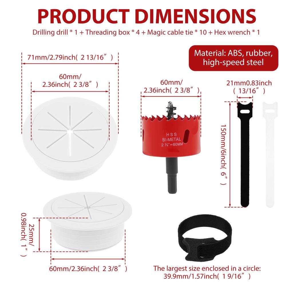 1 Set Desk Grommet 2-3/8" Hole Saw Desk Hole Cover with 10 Magic Cable Tie Cable Grommet Desk Cord Hole Cover for TV Cabinet