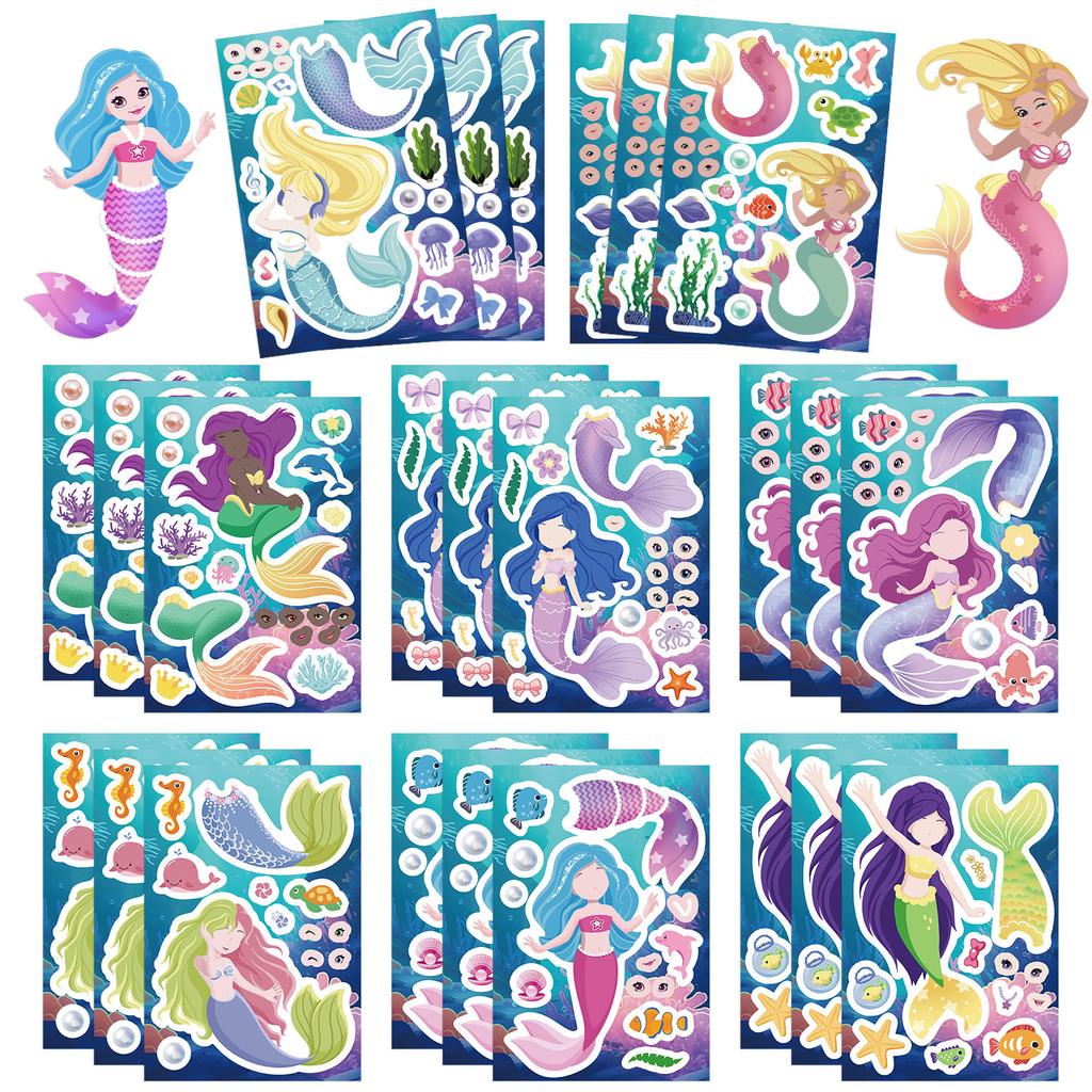 81624Pcs Cute Mermaid Princess Puzzle Stickers Make A Face Children Diy Toys Assemble Sticker Party Favor Gifts