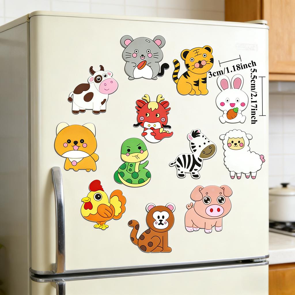 12pcs Cute Animal Fridge Magnets Set with Elephant, Giraffe,Cow, Sheep,Koala,Panda,Frog and so on - Soft Colorful Plastic Decor