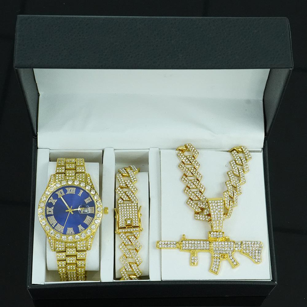 Hip Hop Persönlichkeit Pistolenanhänger Kubanische Kette Halskette Armband Uhr Set Modisches und Vielseitiges Herrenschmuck Geschenkbox Set