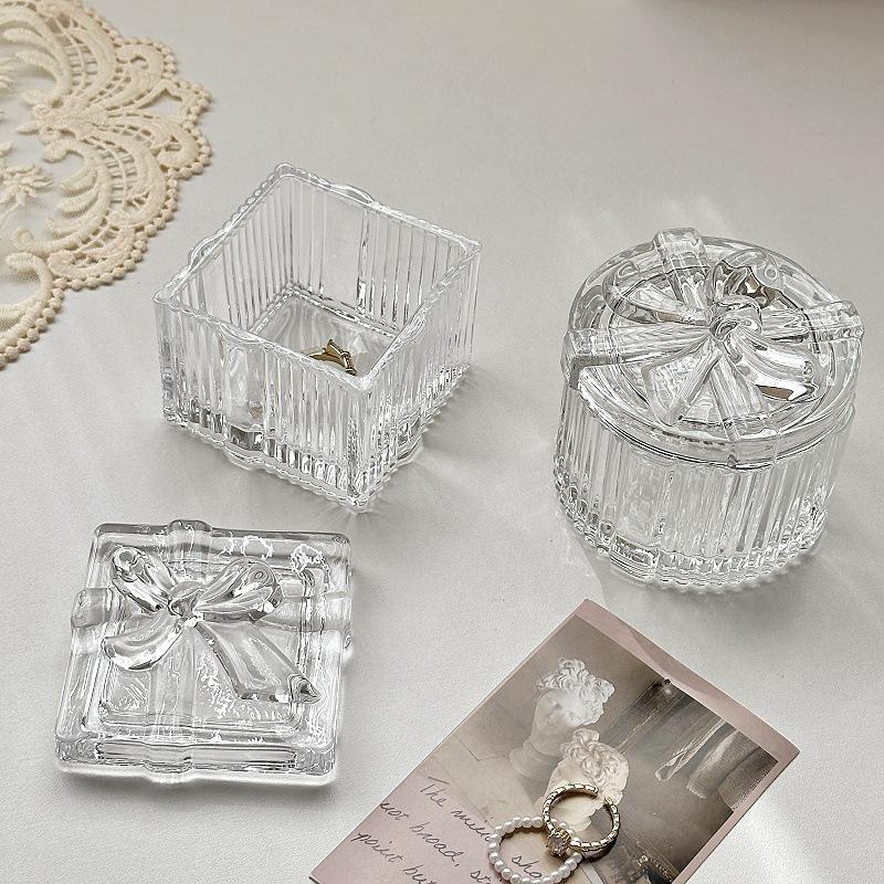 Heart Shape Clear Glass Jewelry Box with Bow, European Vintage Relief Decorative Organizer for Home Vanity