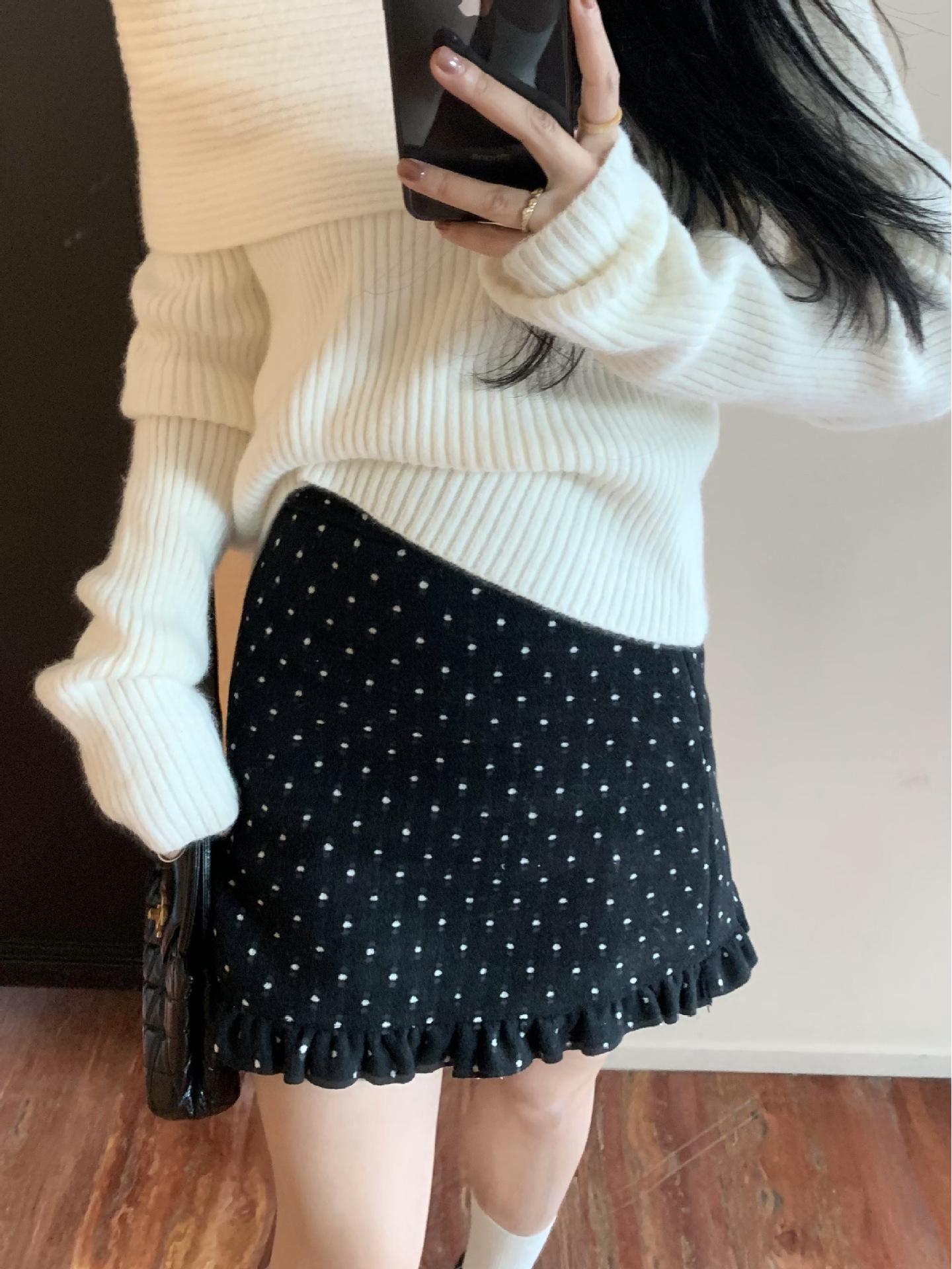 Black Polka Dot Bodycon A-Line Woolen Skirt, Elastic High Waist, Ruffle Hem, Spring/Autumn Fit for Plus Size Women 3XL