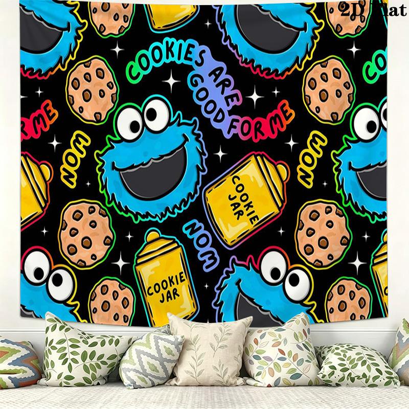 Cookie Monster Cartoon Wall Tapestry Aesthetic Wall Hanging Printed Fabric Blanket Decorative Tapestries for Bedroom Living Room Home Decor