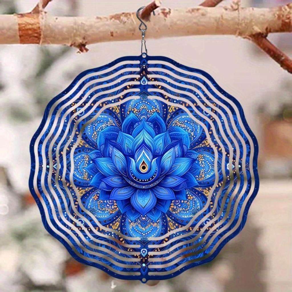Metal Windmill Garden Decor Blue Lotus Mandala Hanging Wind Spinner Outdoor Yard Balcony Decoration No Electricity Needed Easy Install