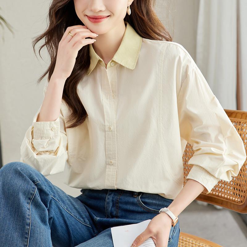 Pure Cotton Long-sleeved Shirt Women's Spring New Contrasting Collar Shirt