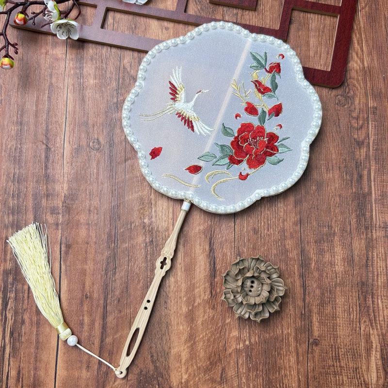 Neo-Classical Embroidered Hanfu Tassel Fan with Long Handle